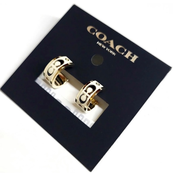 NWOT Coach Signature Enamel and Crystal Huggie Earrings Gold White Plated Brass - Picture 2 of 5